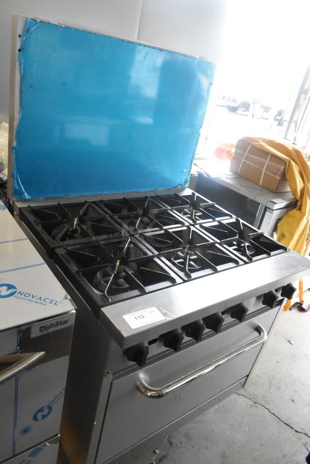 Brand new 2024 Mainstreet 541E36N stainless steel 6-burner range, 36", commercial, natural gas, 210,000 BTU, with backsplash.