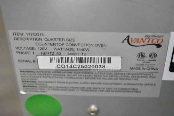 Avantco 177CO14 stainless steel countertop convection oven, 0.8 cu. ft., 120V, quarter size, label with specs shown.