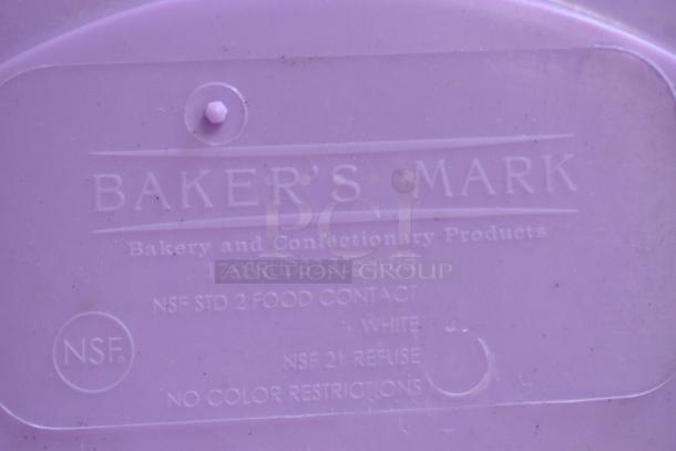 Purple Baker's Mark 32-gallon ingredient bin lid, allergen-safe, NSF certified, model 176IBRLID32P, new with scratches.