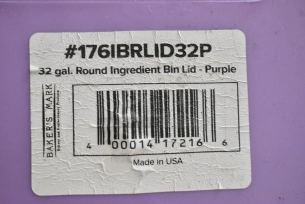 Baker's Mark 32 Gallon Purple Allergen-Safe Bin Lid; new with scratch and dent. Label: #176IBRLID32P, Made in USA.