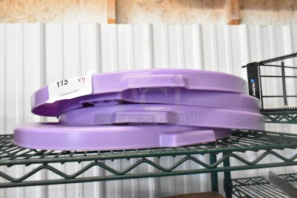 4 Baker's Mark purple allergen-safe round bin lids, scratch and dent condition, 32-gallon/510 cup capacity, item tagged.