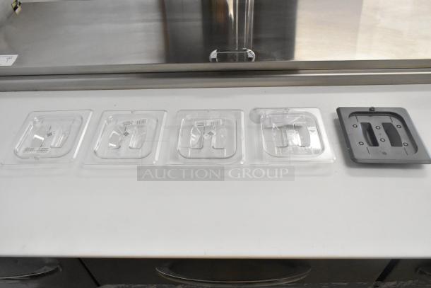 Lot of 5 Cambro 60CWCH Poly 1/6 Size Bin Lids, brand new, clear, with minor scratches and dents, drop-in style.
