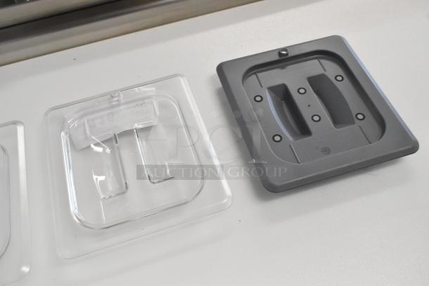 Lot of 5 Cambro 60CWCH poly 1/6 size drop-in bin lids, brand new with scratches and dents, clear and gray lids shown.