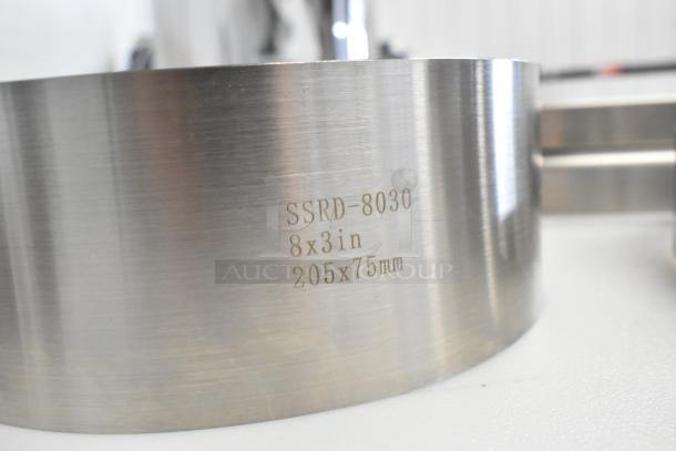 Fat Daddio's stainless steel round cake ring mold, model SSRD-8030, 8x3 in, 205x75 mm, brand new with slight scratches.