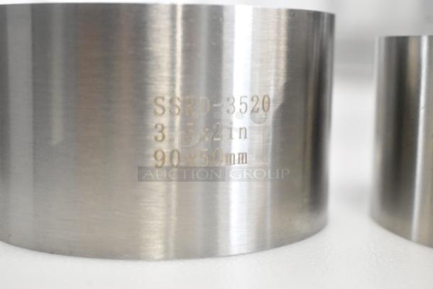 Stainless steel round cake mold with "SSRD-3520" marking, 3.5x2 in, 90x50 mm. Brand new, scratch and dent condition.