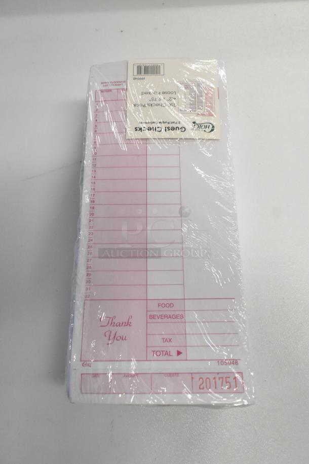9 new Choice 999948 guest checks, wrapped, slight dents. Includes food, beverages, total sections. Ideal for restaurants.