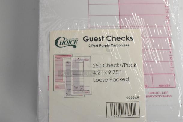 9 new bundles of Choice 999948 Guest Checks, 2-part purple carbonless, 250 checks/pack, 4.2" x 9.75", loose packed.