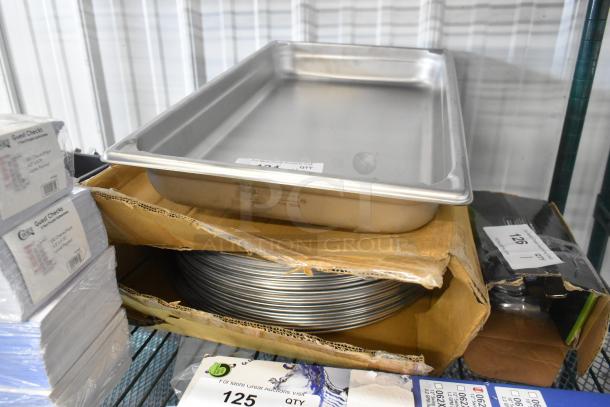 2 brand new items: Vollrath 30025 Super Pan, 2 1/2" deep, stainless steel; American Metalcraft TP14, 14" pizza pan.