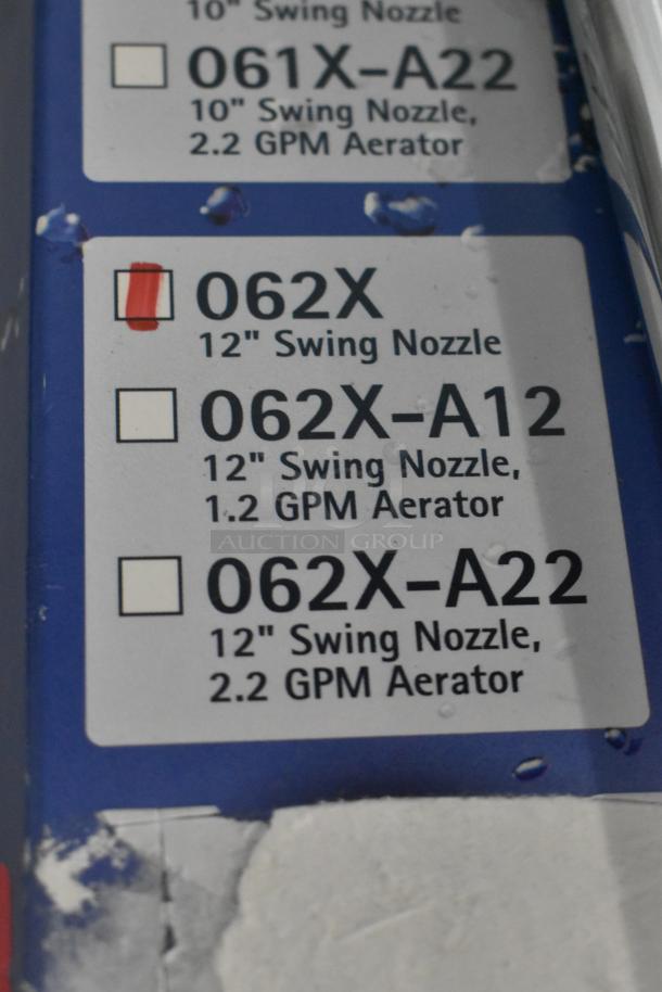 Box label for BRAND NEW SCRATCH AND DENT T&S 062X 12" Swing Nozzle with Stream Regulator Outlet, model 510062X.