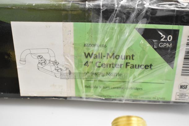 Brand new Regency 600FW46 wall mount faucet with 6" swing spout, 4" centers, and 2.0 GPM, labeled "scratch and dent."