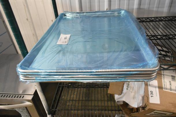Five brand new Choice 407BUNFULL full-size aluminum bun pans, 18"x26", 19-gauge wire rim, scratch and dent condition.