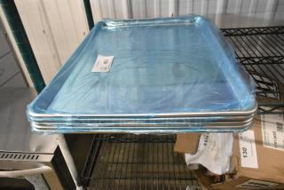 Five brand new Choice 407BUNFULL full-size aluminum bun pans, 18"x26", 19-gauge wire rim, scratch and dent condition.