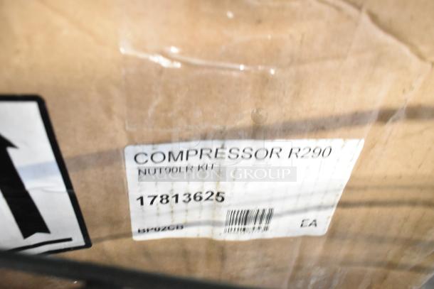 Brand new Cubigel NUT90LR compressor, 115-127V, single-phase, scratch and dent, labeled "Compressor R290."