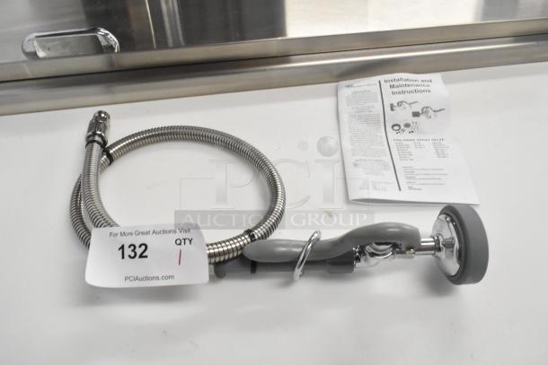 Brand new Choice T&S spray nozzle, scratch and dent condition. Includes flexible hose, installation instructions visible.