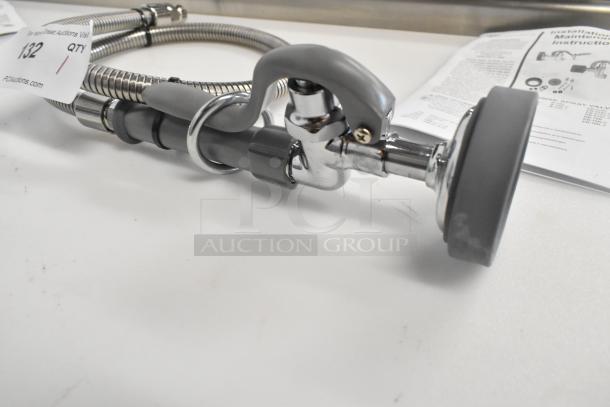Brand new Choice T&S spray nozzle, scratch and dent condition, includes flexible hose, installation instructions visible.