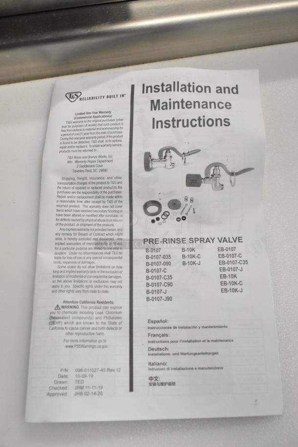 Installation and maintenance instructions for T&S Pre-Rinse Spray Valve by Choice. Includes warranty and model details.