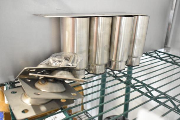 Lot of new Choice brand stainless steel legs and metal duct, slight scratches and dents, includes screws for assembly.