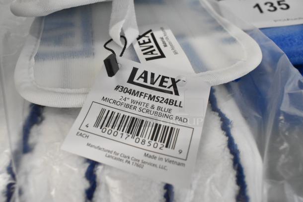 Brand new Lavex 24" microfiber scrubbing mop pad, model 304MFFMS24BLL, in package with visible label.