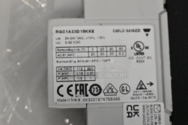 Close-up of RGC1A23D15KKE unit label showing technical specifications, UL certification, and CE marking.