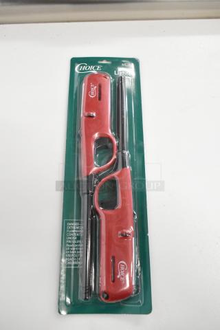 Three new Choice lighters in packaging, featuring red handles and long nozzles. Marked "Multi Lighter" and safety warnings visible.