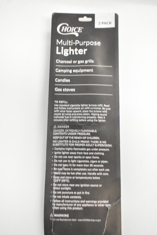 "Choice" multi-purpose lighter packaging, 2-pack, for grills, camping, candles; brand new with scratch and dent, safety info visible.