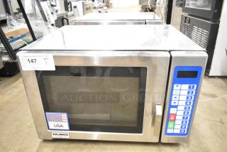 Brand new Solwave SWA21T stainless steel microwave, 2025 model, medium-duty, push button controls, 208/240V, with minor dents.