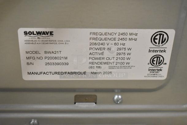 BRAND NEW 2025 Solwave SWA21T commercial microwave label. 2975W input, 2100W output. ETL certified. Manufactured March 2025.