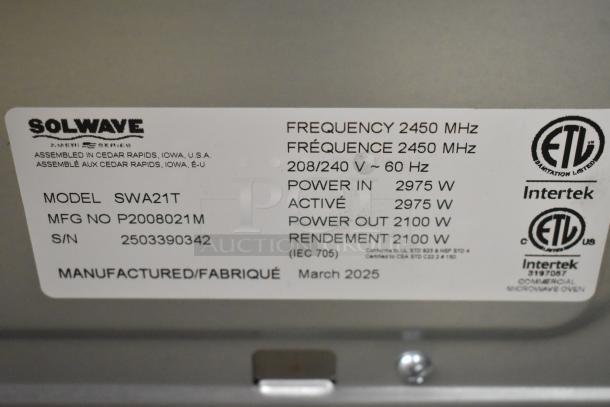 BRAND NEW Solwave SWA21T microwave label showing model, voltage (208/240V), power output (2100W), and frequency (2450 MHz).