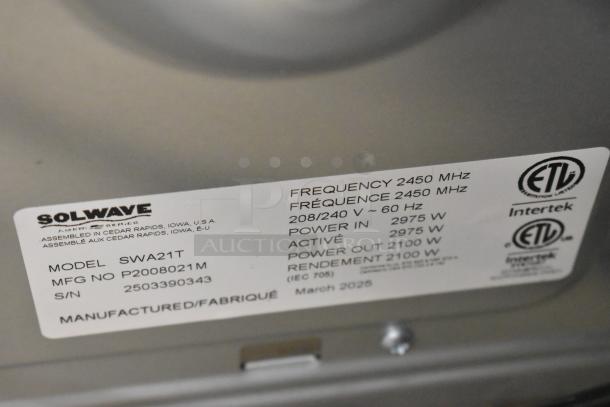 BRAND NEW 2025 Solwave SWA21T Ameri-Series commercial microwave, stainless steel, 208/240V, label with specs shown.