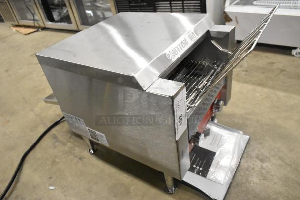 Brand new Avantco 184T140 stainless steel conveyor toaster, 10" wide, 3" opening, 300 slices/hr, 120V, 1 phase.