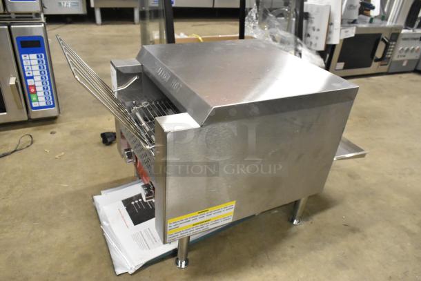 Brand new Avantco 184T140 stainless steel conveyor toaster, 10" wide, 3" opening, 300 slices/hr, 120V, scratch and dent.