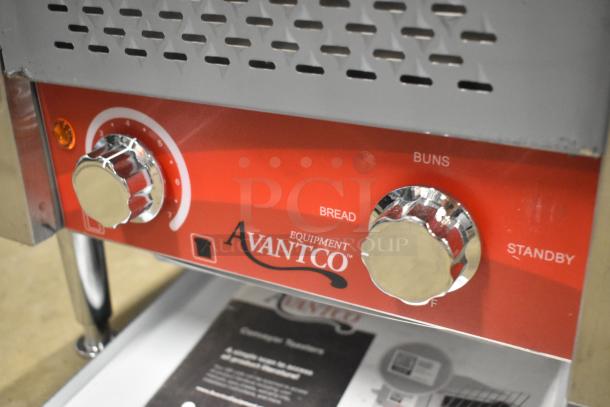 Brand new Avantco 184T140 stainless steel conveyor toaster, red control panel, 10" wide, 300 slices/hour, 120V.