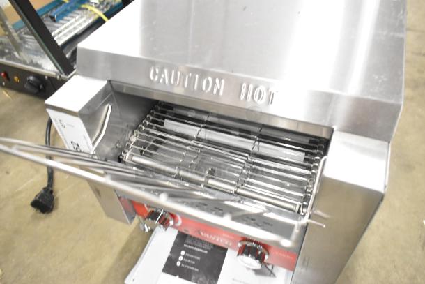 Brand new Avantco 184T140 stainless steel commercial conveyor toaster, 10" wide, 3" opening, "Caution Hot" marking.