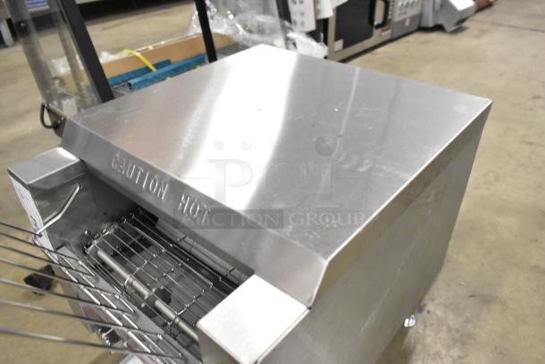 Brand new Avantco 184T140 stainless steel conveyor toaster, 10" wide, 3" opening, 300 slices/hour, 120V, caution hot label.