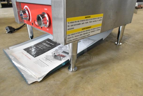 Brand new Avantco 184T140 conveyor toaster, 10" wide, 3" opening, for 300 slices/hour, 120V, with visible control panel and warning labels.