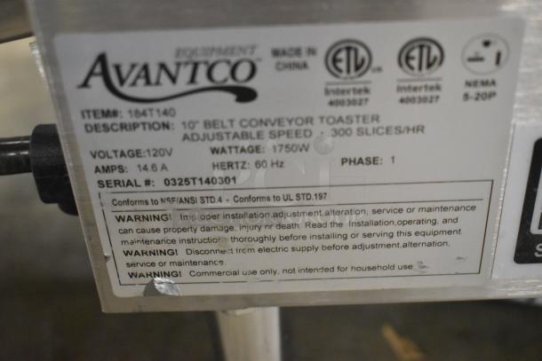 Avantco 184T140 stainless steel conveyor toaster, 10" wide, 3" opening, 300 slices/hr, 120V, 1 phase, new condition.