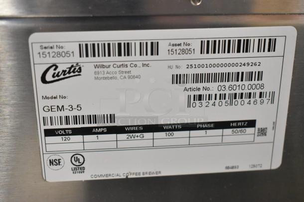 Label of Curtis GEM-3-5 coffee server; shows serial number, model, voltage (120), and phase (1) specs.