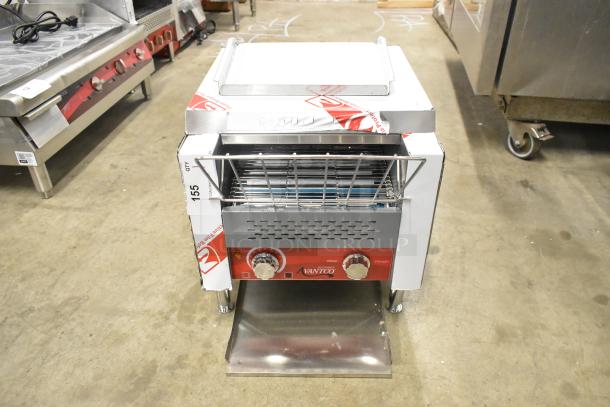 Brand new Avantco 184T140 commercial conveyor toaster, 10" wide, 3" opening, 300 slices/hour, 120V, scratch and dent condition.