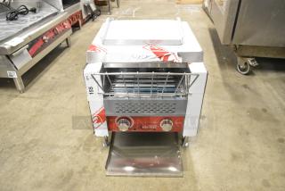 Brand new Avantco 184T140 commercial conveyor toaster, 10" wide, 3" opening, 300 slices/hour, 120V, scratch and dent condition.