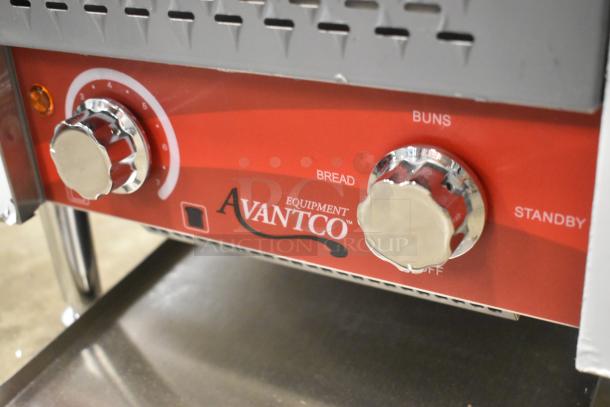 Brand new Avantco 184T140 conveyor toaster, 10" wide, 3" opening, labeled controls for bread and buns, 300 slices/hour.