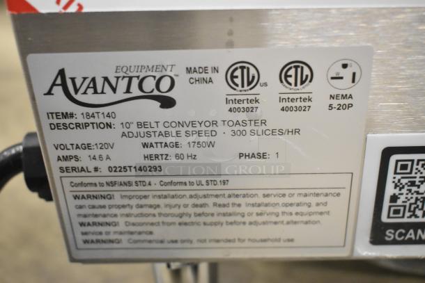 Brand new Avantco 184T140 conveyor toaster, 10" wide, 3" opening, 300 slices/hr, 120V, 1 phase, ETL listed.
