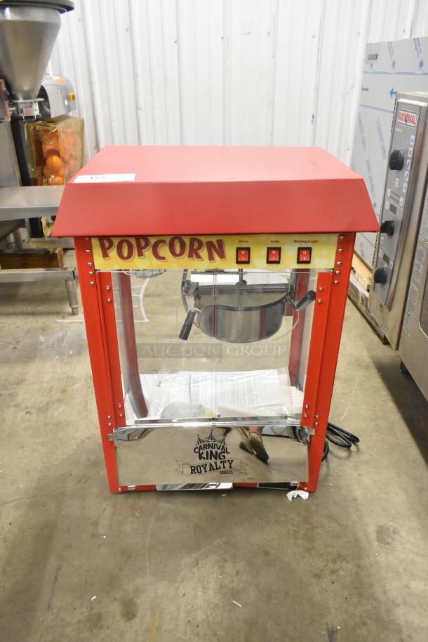 New Carnival King 382PM30R popcorn machine, 8 oz capacity, red, 110V, scratch and dent condition. Royalty Series branding.