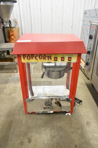 New Carnival King 382PM30R popcorn machine, 8 oz capacity, red, 110V, scratch and dent condition. Royalty Series branding.