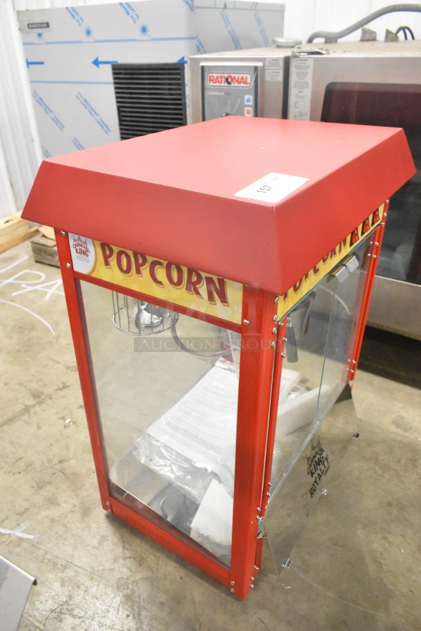 BRAND NEW Carnival King 382PM30R red 8 oz. popcorn machine, 110 volts, 1 phase, with scratch and dent condition.