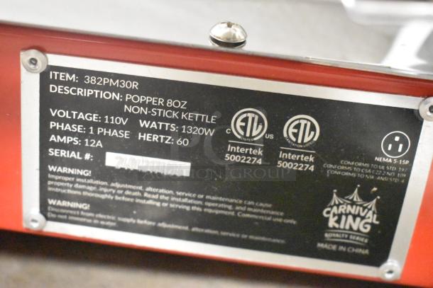 BRAND NEW Carnival King 382PM30R 8 oz. Red Popcorn Machine, 110V, 1 Phase, Royalty Series, non-stick kettle, ETL listed.