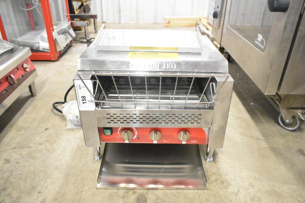Brand new Avantco 184T3600D commercial conveyor toaster, 14.5" wide, 3" opening, scratch and dent condition, tags visible.
