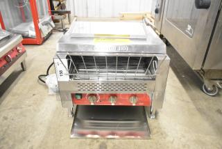 Brand new Avantco 184T3600D commercial conveyor toaster, 14.5" wide, 3" opening, scratch and dent condition, tags visible.