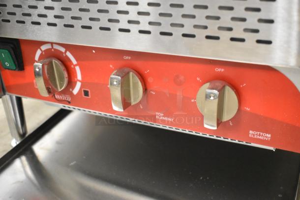 Brand new Avantco 184T3600D conveyor toaster, 14.5" wide, 3" opening, 1200 slices/hour. Control panel close-up.