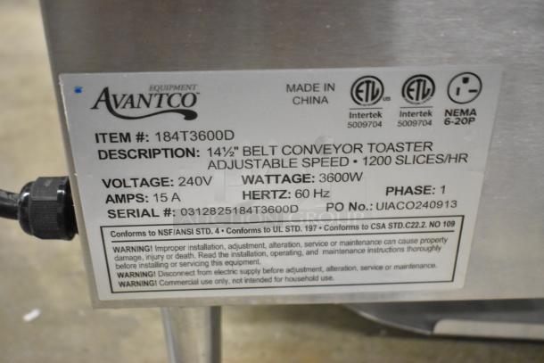 Brand new Avantco 184T3600D conveyor toaster, 14.5" wide, 3" opening, 1200 slices/hr, 240V, 1 phase, 3600W.