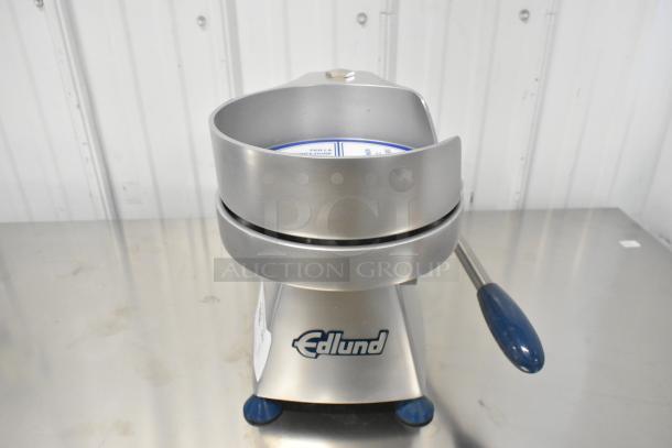 BRAND NEW 2024 Edlund EBP-700 1 lb. 7" Hamburger Patty Press, scratch and dent, stainless steel, blue handle, model name visible.